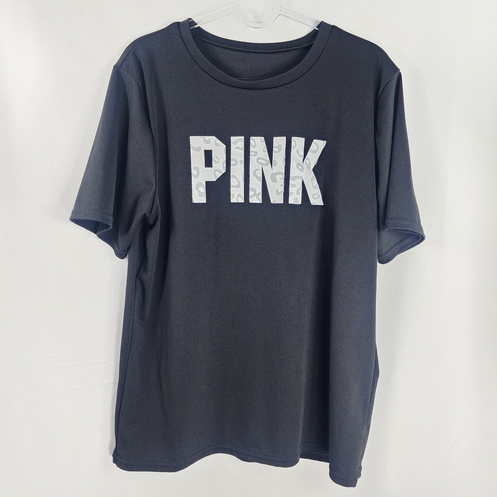 PINK Black Leopard Print Short Sleeve T Shirt Top Athletic Athleisure Womens 2XL
